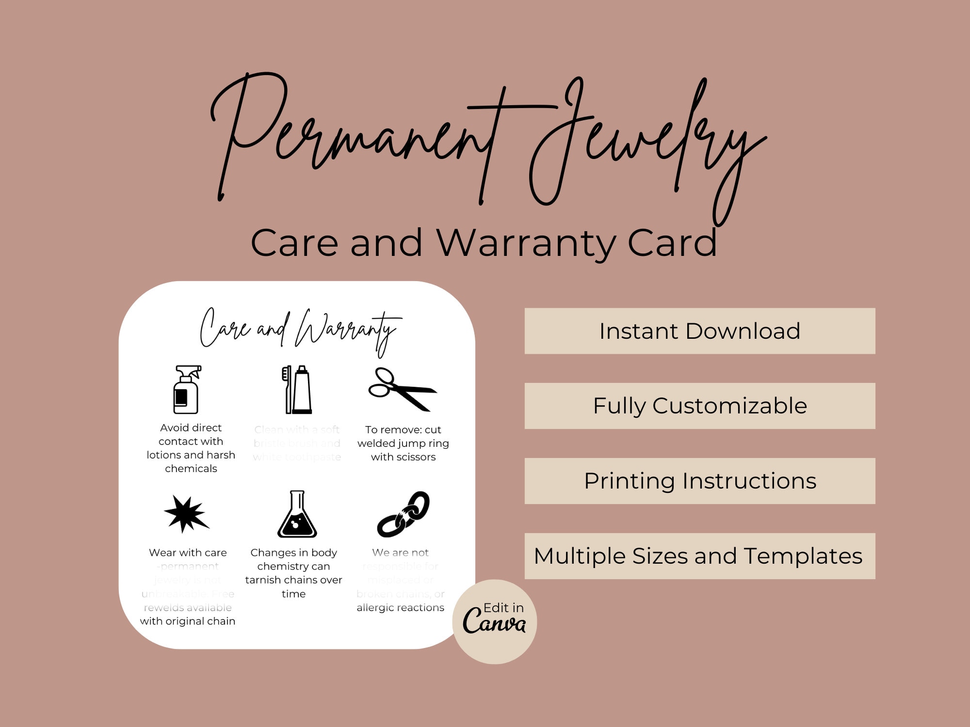 Jewelry Care Card Template, Printable Jewellery Care Instructions, Editable  Jewelry Care Inserts, Earring Care Cards, Bracelet Care Canva 