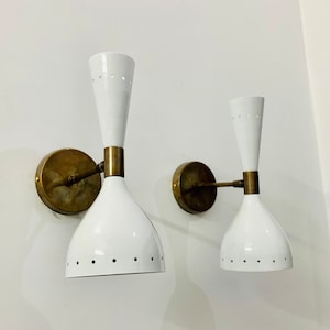 White Wall Sconce Pair - Italian Wall Light Fixtures - Mid Century Stilnovo Lamps for Bedroom - Reading Lamp - Home Decor Brass Wall Lights