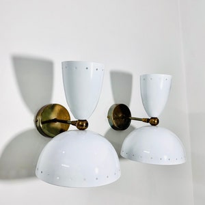Raw Brass Italian Mid Century Wall Sconces - White Bowl Lighting Pair