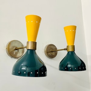 Angepasst 1950er Jahre Mid Century Grün & Gelb Messing Italienisch Diabolo Wandleuchte Licht Paar, Wandleuchte Leuchte Lampe für Wohnkultur