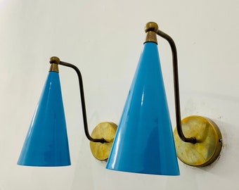 Blue Cone Shape Brass Wall Sconce - Mid Century 1950s Vintage Italian Diabolo Wall Sconce Light - Adjustable Lamp Fixtures for Home Decor