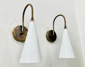 Brass Wall Sconce White Cone Shape - Mid Century 1950s Sconce -Handmade Italian Diabolo Wall Light - Adjustable Lamp Fixtures for Home Decor