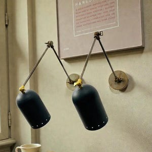 Mid Century Italian Stilnovo Black Brass Wall Sconce Pair: Adjustable Reading Lamp