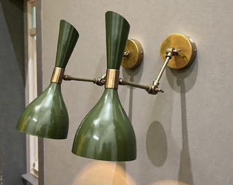 Mid Century Modern Brass Wall Sconce: Italian Diabolo Olivine Bedside Lamp