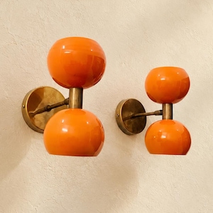 Mid-Century Modern Orange Balls Wall Sconce, Antique Brass Double Wall Light, Retro Brass Wall Lamp, Handmade Lighting
