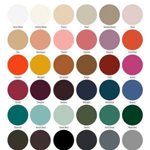 May include: A color chart with 36 different paint colors, each color is represented by a circle with the name of the color written below it.