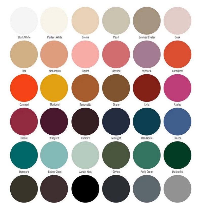 May include: A color chart with 36 different paint colors, each color is represented by a circle with the name of the color written below it.