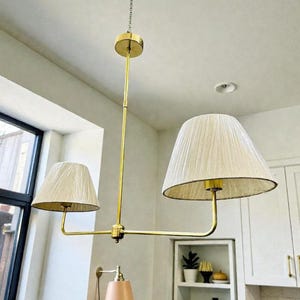 Mid-Century Modern Brass Chandelier - Two-Arm Fabric Shade Ceiling Light image 1