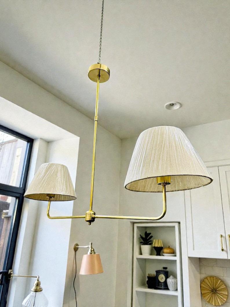 Mid-Century Modern Brass Chandelier - Two-Arm Fabric Shade Ceiling Light image 1