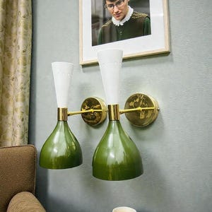 Handmade Brass Double Cone Sconces: Olive Green & White Vanity Lights