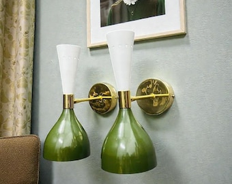 Handmade Brass Double Cone Sconces: Olive Green & White Vanity Lights