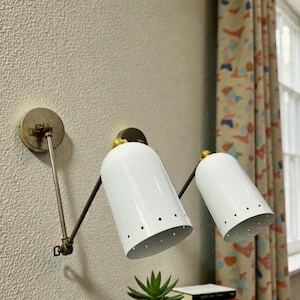 Mid Century Italian Brass Diabolo Wall Sconce Pair - White 1950s Lighting image 1