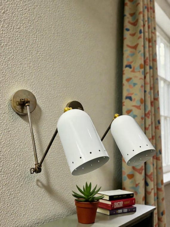 Mid Century Italian Brass Diabolo Wall Sconce Pair - White 1950s Lighting