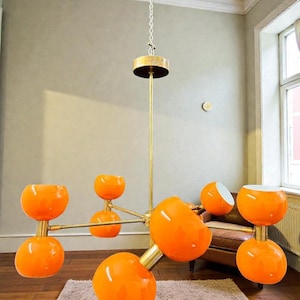 Mid Century Sputnik Chandelier: Brass & Orange Ball Ceiling Light image 2