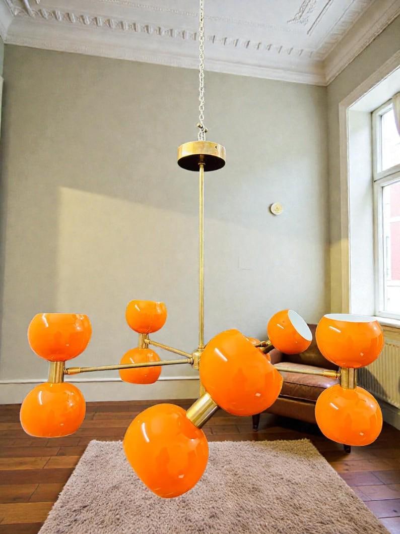 Mid Century Sputnik Chandelier: Brass & Orange Ball Ceiling Light image 2