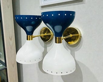 Mid-Century Modern Diabolo Wall Sconces: Blue & White Brass Accent Lights (Pair)