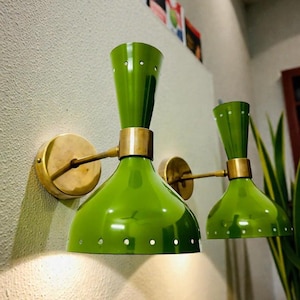 Mid Century Italian Brass Diabolo Wall Sconce - Green Accent Light