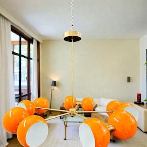 Mid Century Sputnik Chandelier: Brass & Orange Ball Ceiling Light image 3