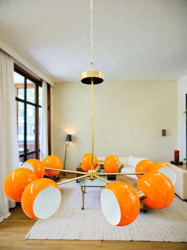 Mid Century Sputnik Chandelier: Brass & Orange Ball Ceiling Light image 3
