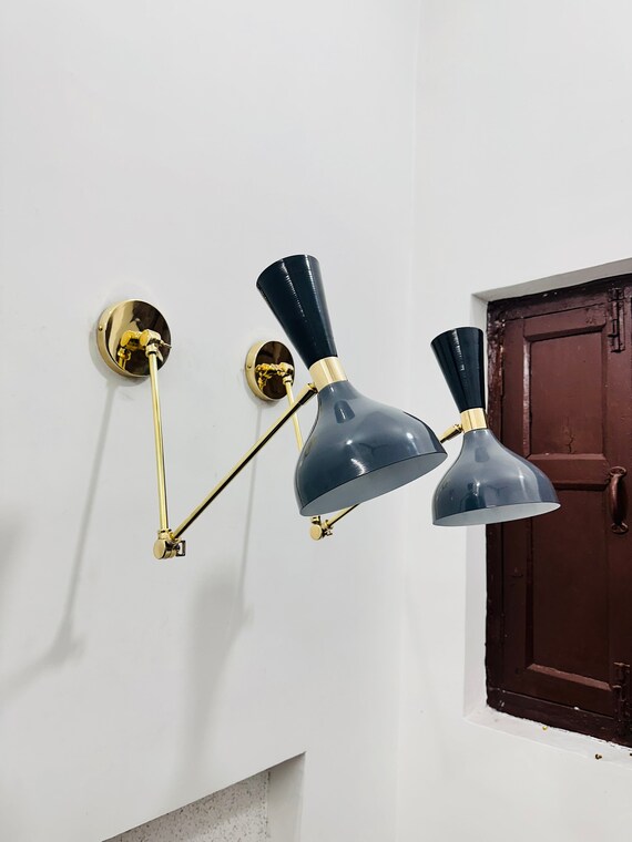 Mid Century Brass Diabolo Wall Sconce Pair Grey Italian Plug-in