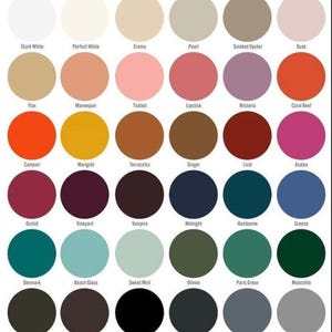 May include: A color palette featuring 36 circular color swatches. Colors range from white and beige to pink, orange, and various shades of green, blue, and purple. Each color is labeled with a descriptive name.