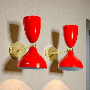 Mid Century Modern Brass Diabolo Wall Sconce Pair - Red Italian Lighting