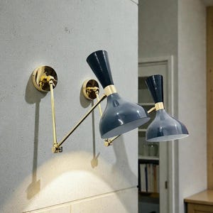 Mid Century Brass Diabolo Wall Sconce Pair - Grey Italian Plug-in Lighting