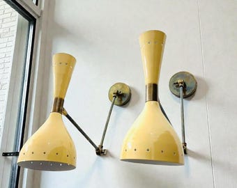 Mid Century Brass Wall Sconce Pair: Italian Stilnovo Style