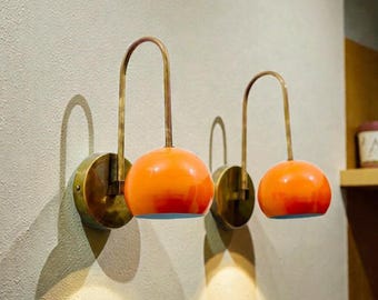 Mid-Century Modern Brass Wall Sconces: Orange Accent, Handmade Lighting