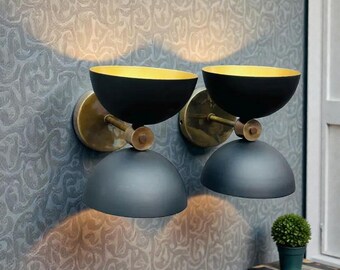 Handcrafted Brass Double Wall Sconce: Black & Gold Bedroom Light