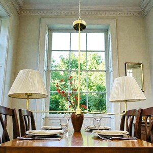 Mid-Century Modern Brass Chandelier - Two-Arm Fabric Shade Ceiling Light image 2