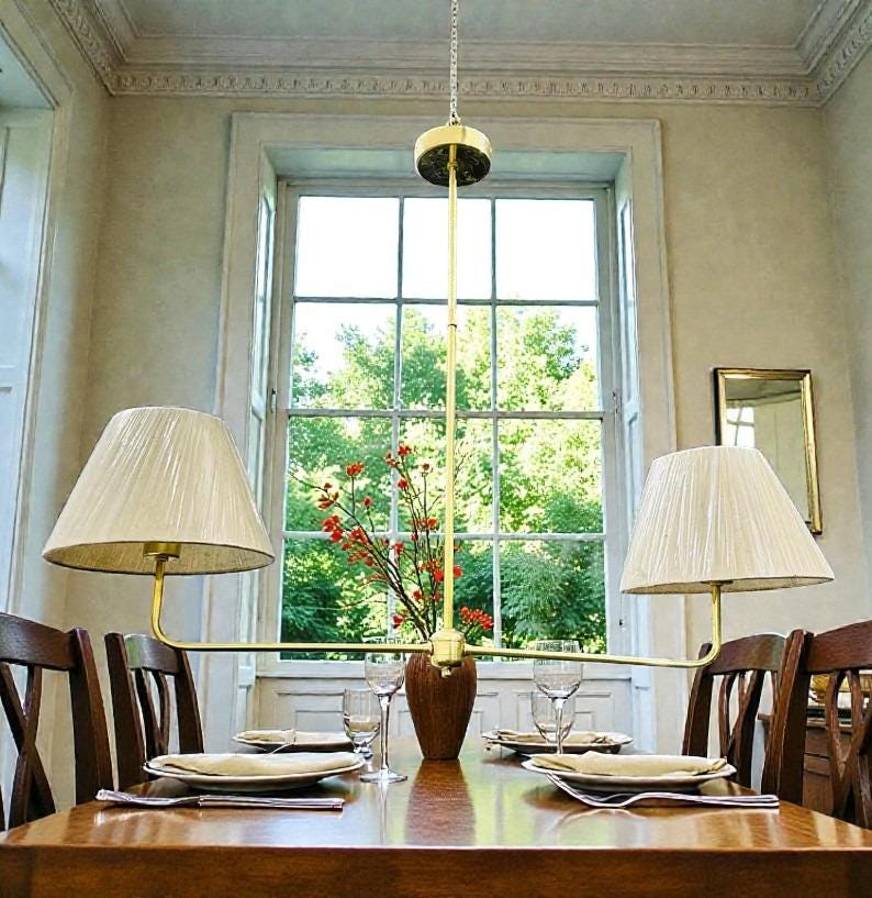 Mid-Century Modern Brass Chandelier - Two-Arm Fabric Shade Ceiling Light image 2