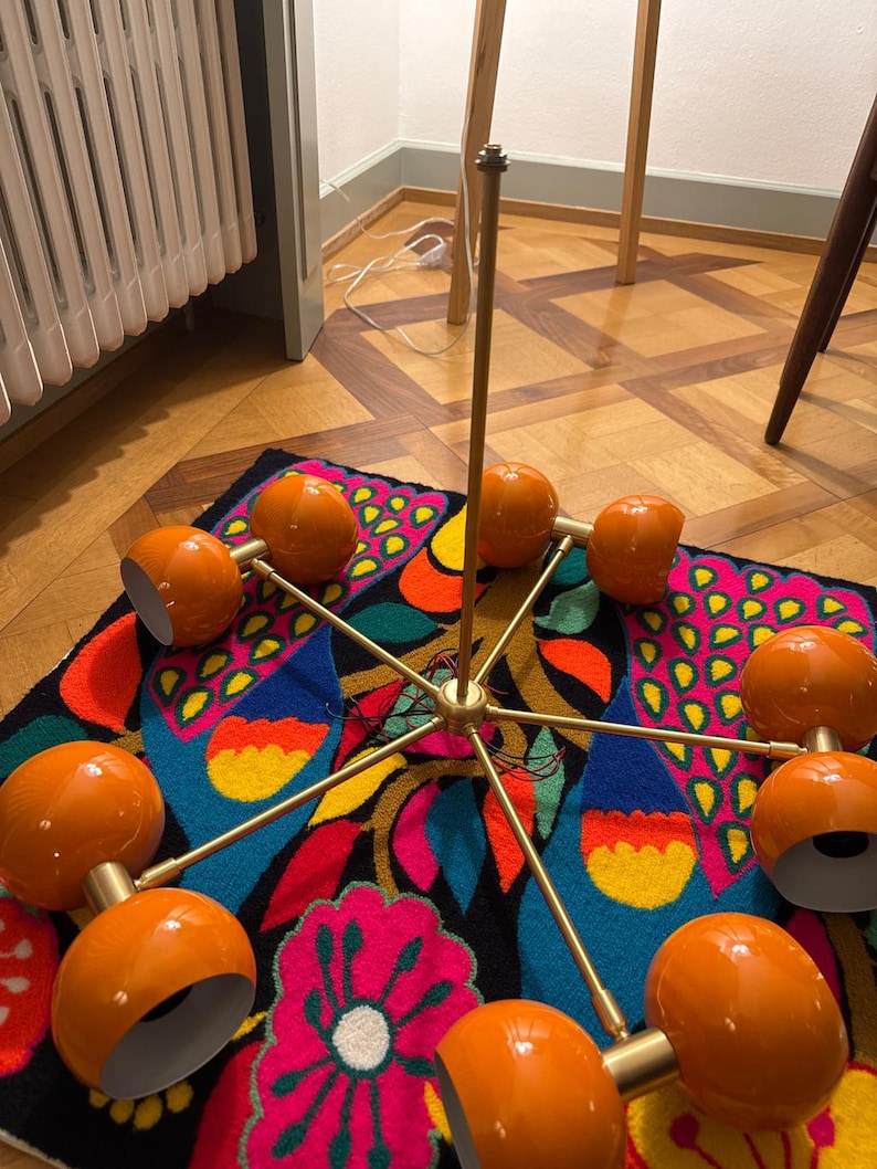 Mid Century Sputnik Chandelier: Brass & Orange Ball Ceiling Light image 4