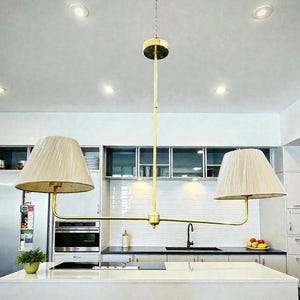 Mid-Century Modern Brass Chandelier - Two-Arm Fabric Shade Ceiling Light image 3