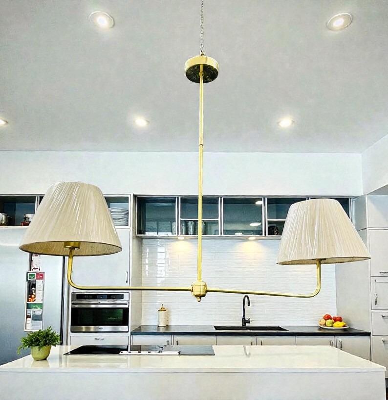 Mid-Century Modern Brass Chandelier - Two-Arm Fabric Shade Ceiling Light image 3