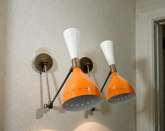 Mid Century Italian Brass Diabolo Wall Sconce Pair: Orange & White Bedside Lamps