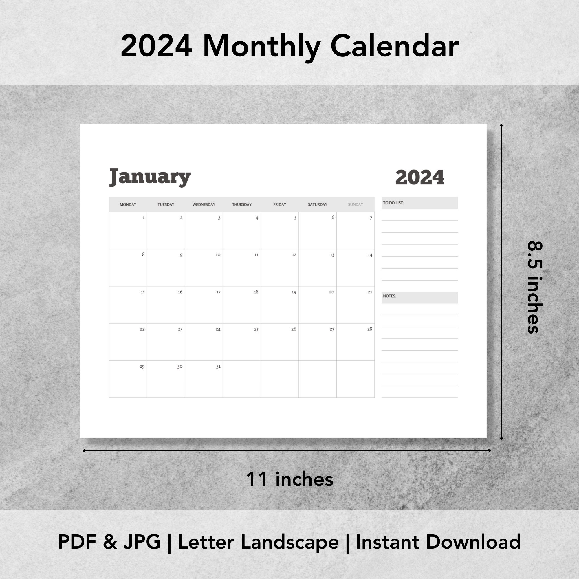 2024 Calendar 2024 Monthly Planner Landscape Minimalist Monthly