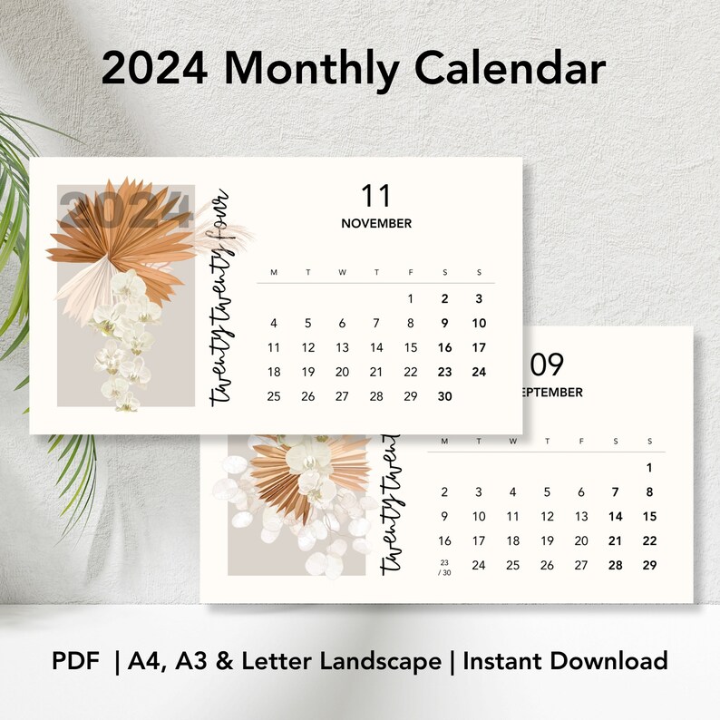 Calendar 2024 Monthly Calendar Printable Landscape Calendar Etsy