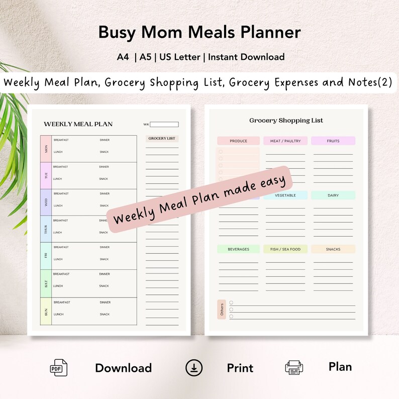 Weekly Meal Planner Printable Organize Your Meals Includes Grocery List Expense Tracker Perfect