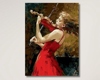 Póster de lienzo moderno de violinista rojo, arte de pared, pinturas de violinista o bailarinas impresas, arte de decoración de pared de bailarina roja, arte impreso de violinista