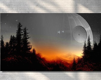 May include: A digital art print featuring a silhouette of a forest with a large, round, white object in the sky. The sky is a gradient of orange, yellow, and blue. The forest is silhouetted against the sunset.