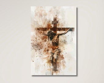 Crucifixion of Jesus Christ Canvas Wall Art, Christian Gifts, Church Wall Art, Watercolour jesus Crucifixion Print, Ready to Hang