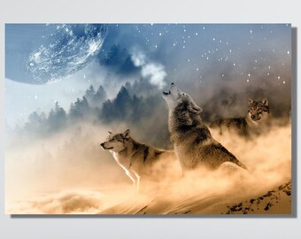 Lobos en la vida salvaje Arte de pared moderno Impresión de animales Lienzo de pared Arte de paisaje Lobos a la luz de la luna Lienzo de arte Foto de lobo Póster y LIENZO