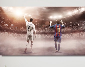 Väggkonst för Ronaldo och Messi, Canvastryck för fotbollslegender, Fotbollsarena, Modern sportväggdekor, Gåva för fotbollsfans