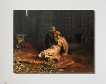 May include: A painting depicting a scene of two figures in a room with a patterned rug. One figure is kneeling on the floor, while the other stands over them with their hand on their shoulder.