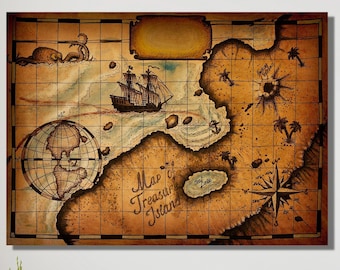 Gammal Canvastavla med karta över Skattkammarön - Vintage antik Canvastavla med karta över Skattkammarön, Canvastavla med piratkarta