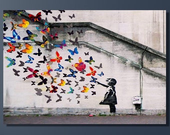バンクシーの蝶を持つ少女のプリント：グラフィティストリートアート