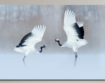 Un par de grullas, arte de pared en lienzo moderno, arte impreso en lienzo moderno de grullas, póster de grullas, pintura de animales lindos, arte impreso en lienzo de amantes