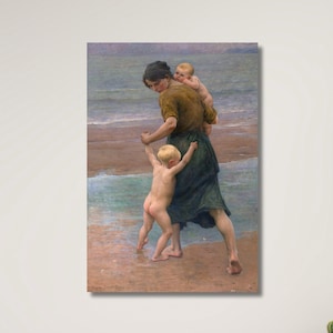 Fisherman&#39;s wife after bathing her children by Virginie Demont-Breton Print Canvas, After The Bath Wall Art, Virginie Demont Breton Poster