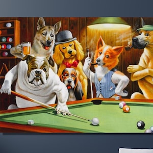 Dogs Playing Billiard Canvas Wall Art - Dogs Bar Playing Billiard Poster Dogs at the bar Print Art ,Game Room Decor CANVAS